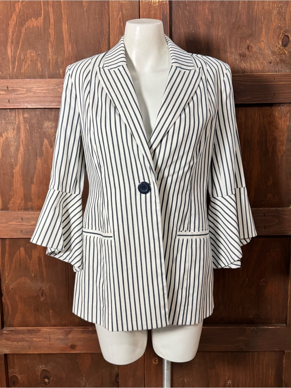 CAbi Black & White Striped Ruffle Sleeve Blazer
